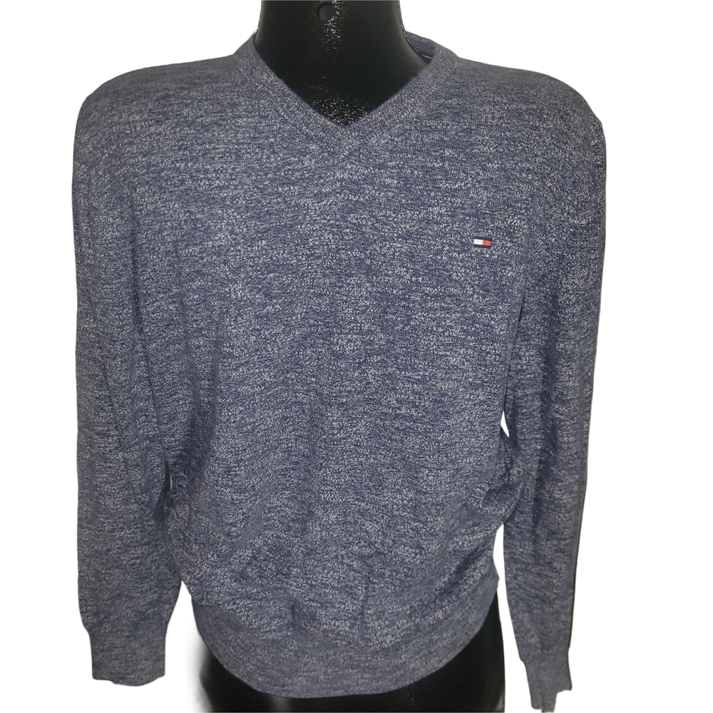 Tommy Hilfiger Men's Blue Heathered V Neck Knit Sweater L